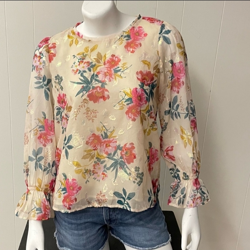 NWT Loft shimmer pink gold cream chiffon floral boho chic ruffle blouse Small P